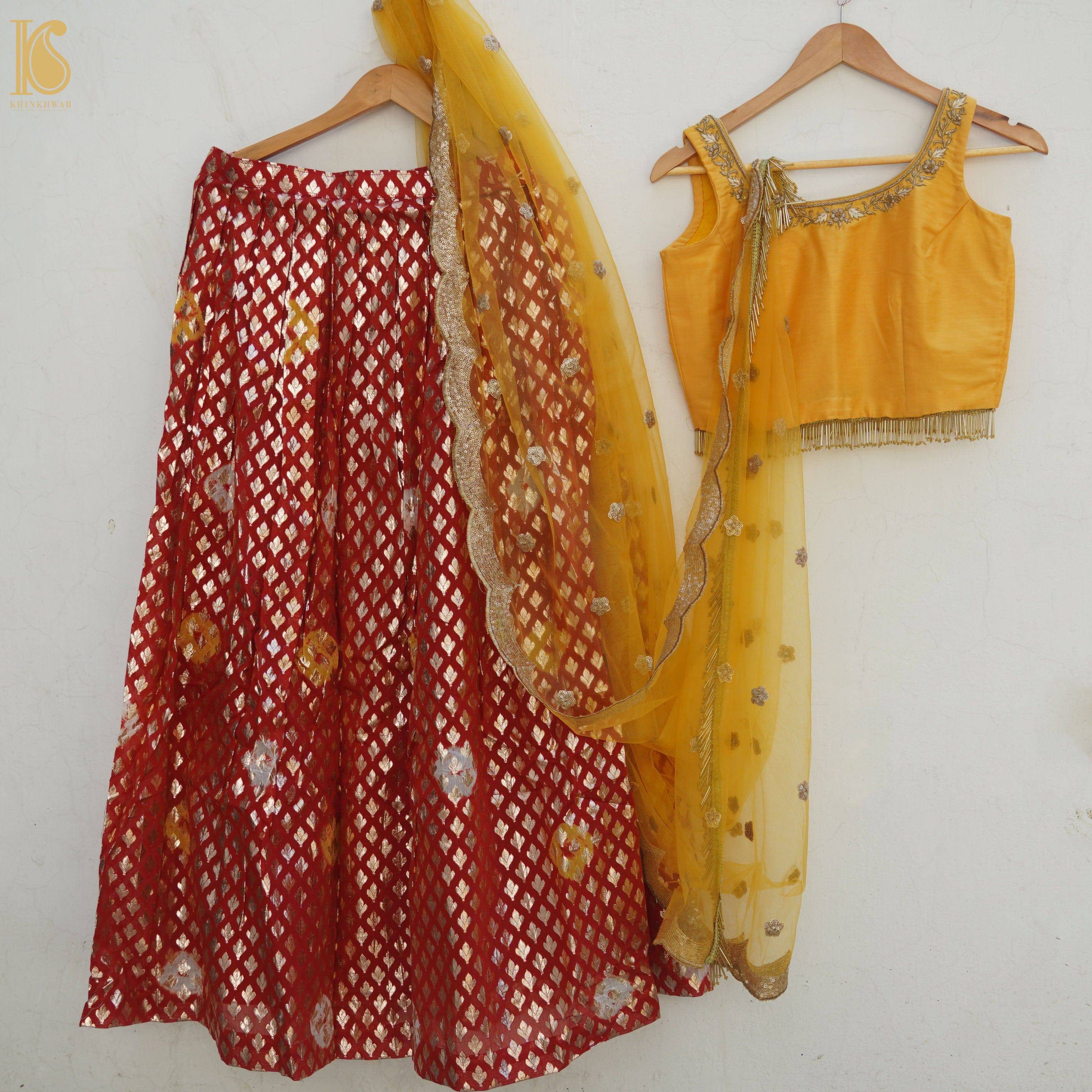 Orange &amp; Yellow Chanderi Banarasi Stitched Lehenga Set