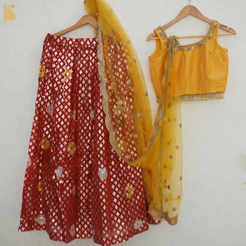 Orange & Yellow Chanderi Banarasi Stitched Lehenga Set