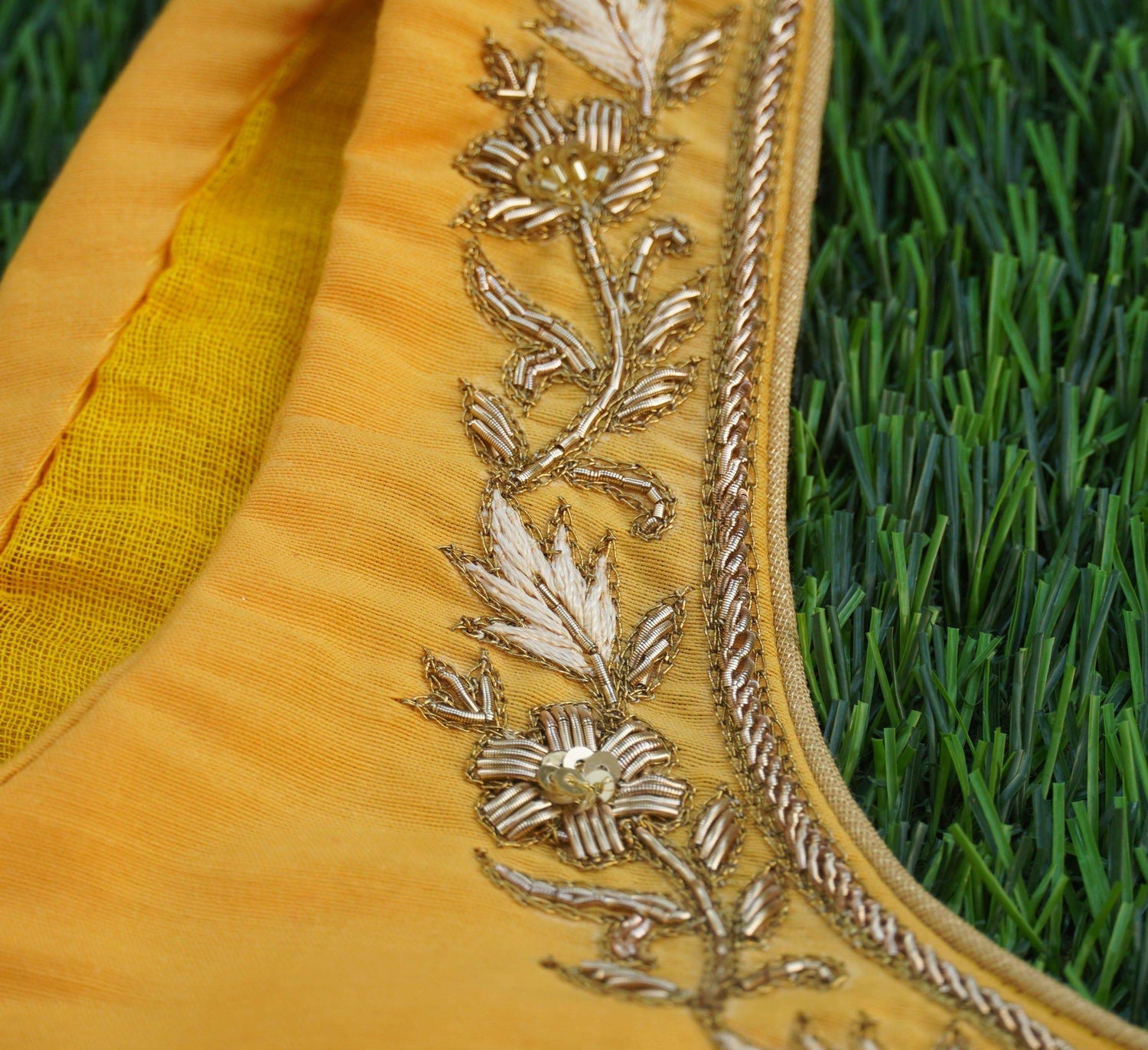 Orange &amp; Yellow Chanderi Banarasi Stitched Lehenga Set