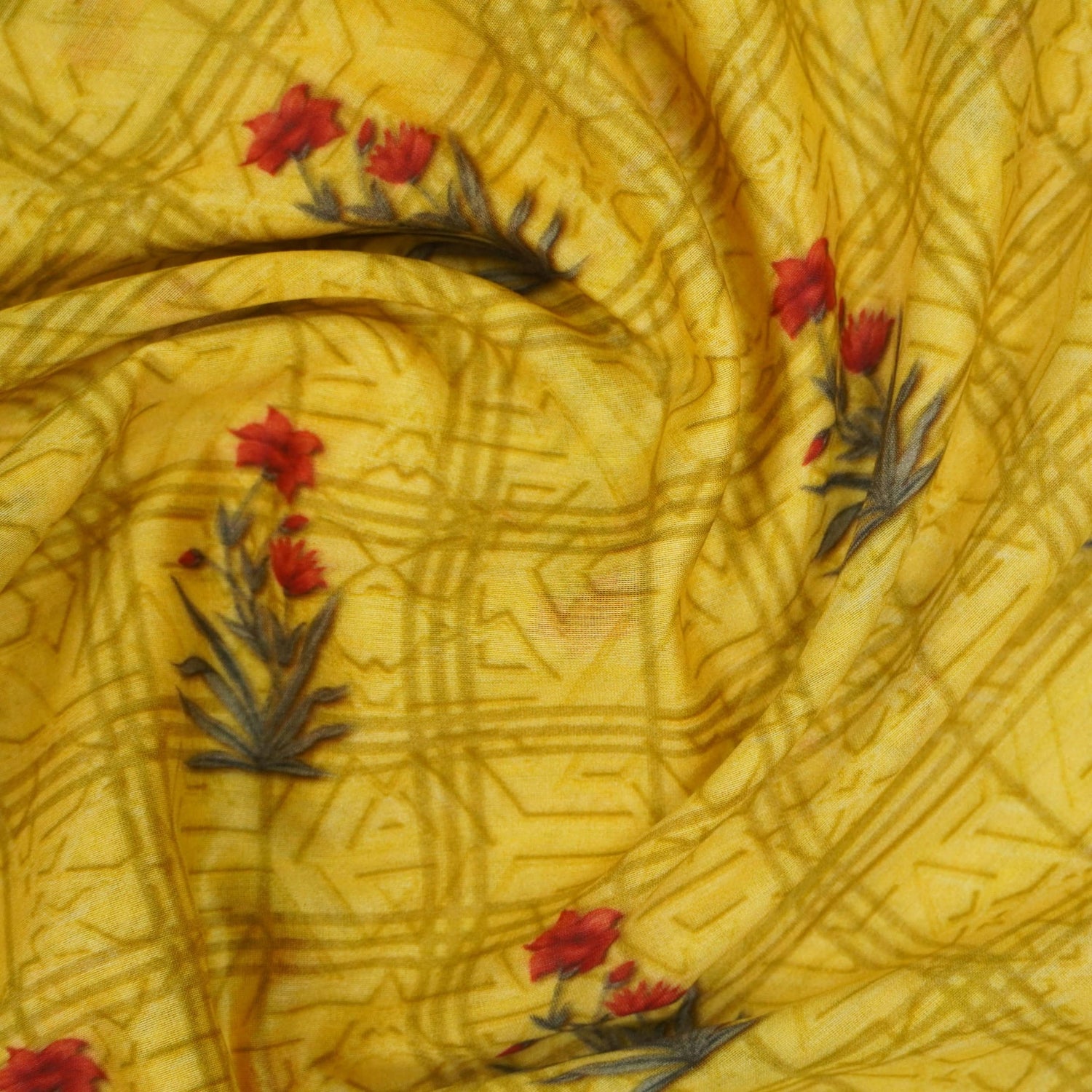 Yellow Pure Chanderi Silk Print Fabric
