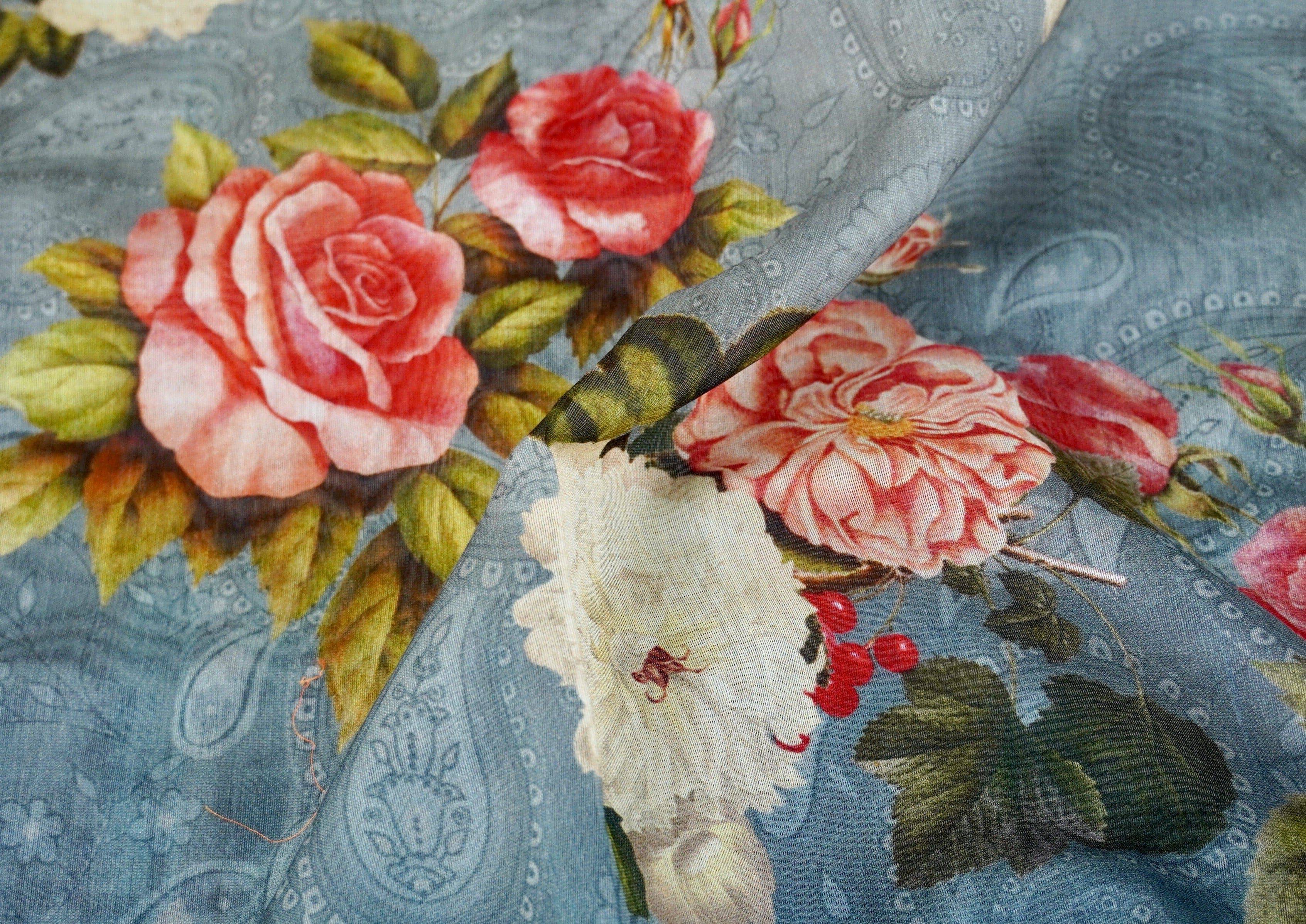 Grey &amp; Beige Pure Cotton Floral Digital Print Saree