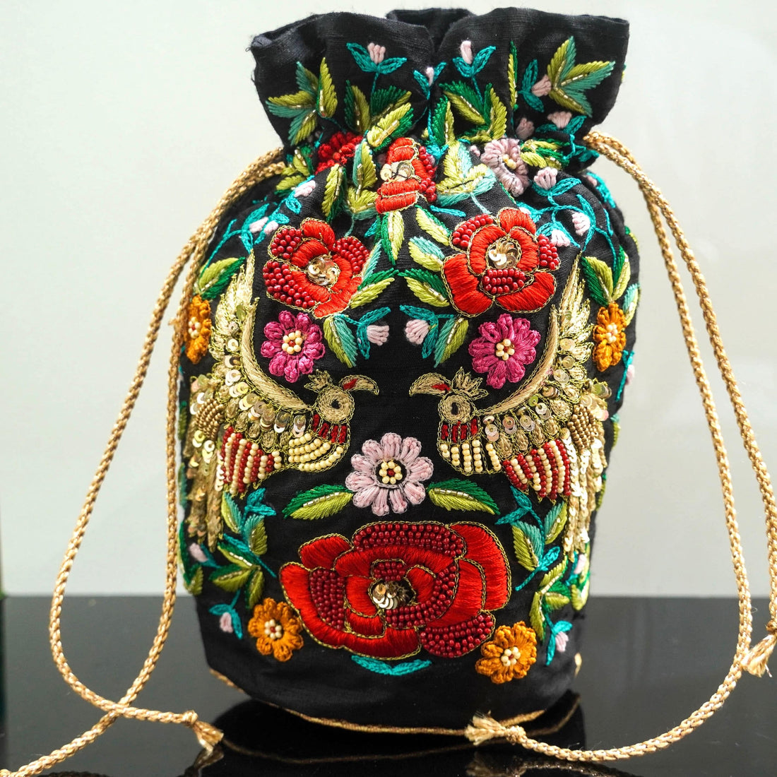 Black Pure Raw Silk Hand Embroidery Potlis