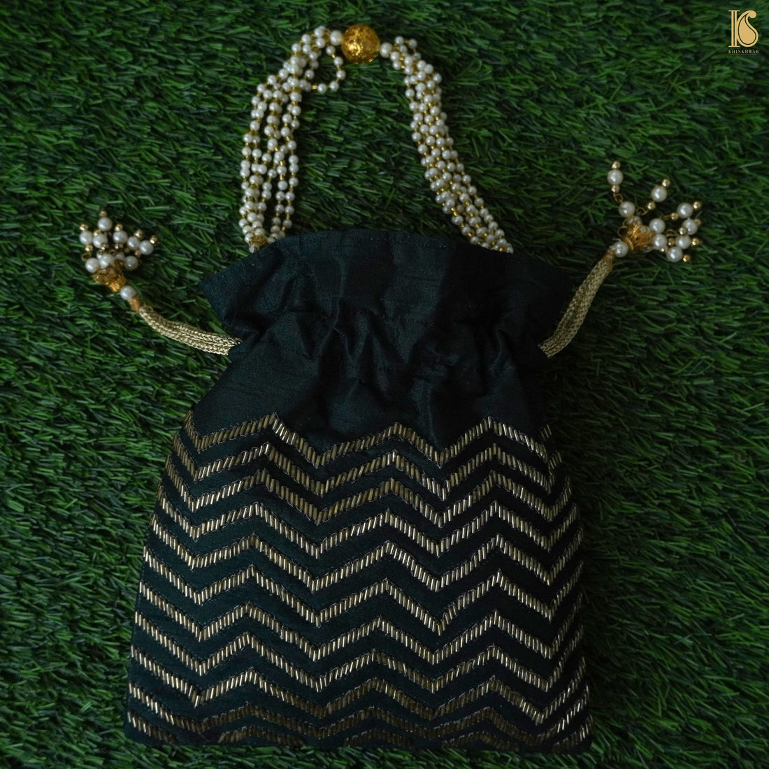 Bottle Green Pure Raw Silk Embroidery Potlis
