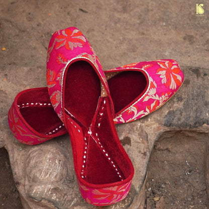 Handcrafted Pink Punjabi Jutti with Velvet &amp; Banarasi Brocade
