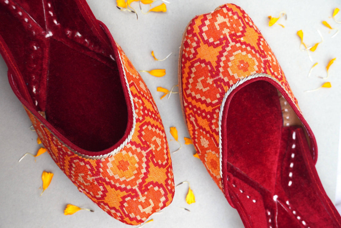 Handcrafted Punjabi Juttis with Velvet & Banarasi Fabric
