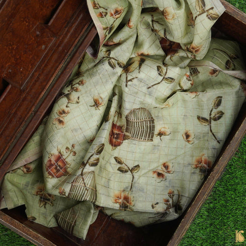 Green Pure Chanderi Silk with Zari Checks Print Fabric