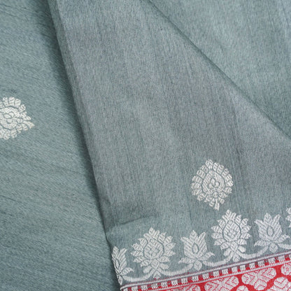 Grey &amp; Red Pure Tussar Silk Handloom Banarasi Kadhiyal Border Saree