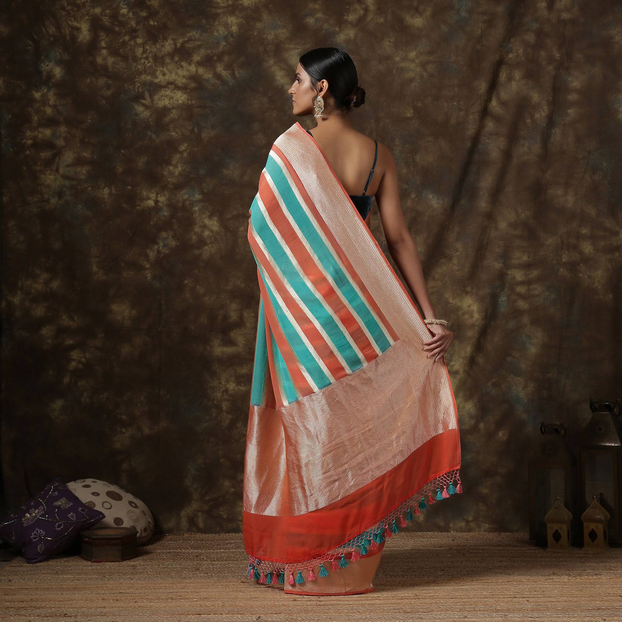 Pure Georgette Handloom Stripes Banarasi Saree - Khinkhwab