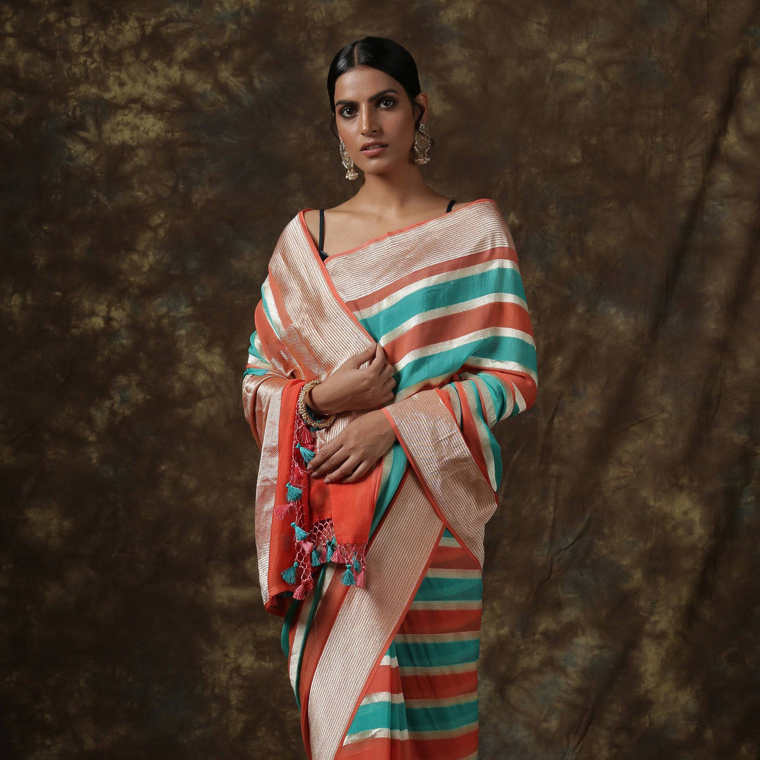 Pure Georgette Handloom Stripes Banarasi Saree - Khinkhwab