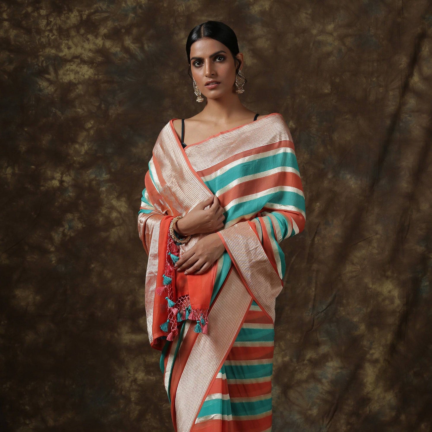 Pure Georgette Handloom Stripes Banarasi Saree - Khinkhwab
