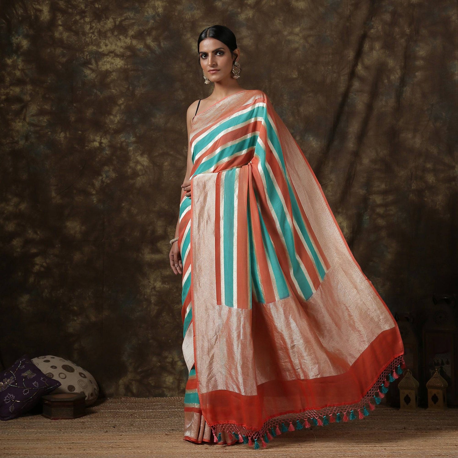 Pure Georgette Handloom Stripes Banarasi Saree - Khinkhwab