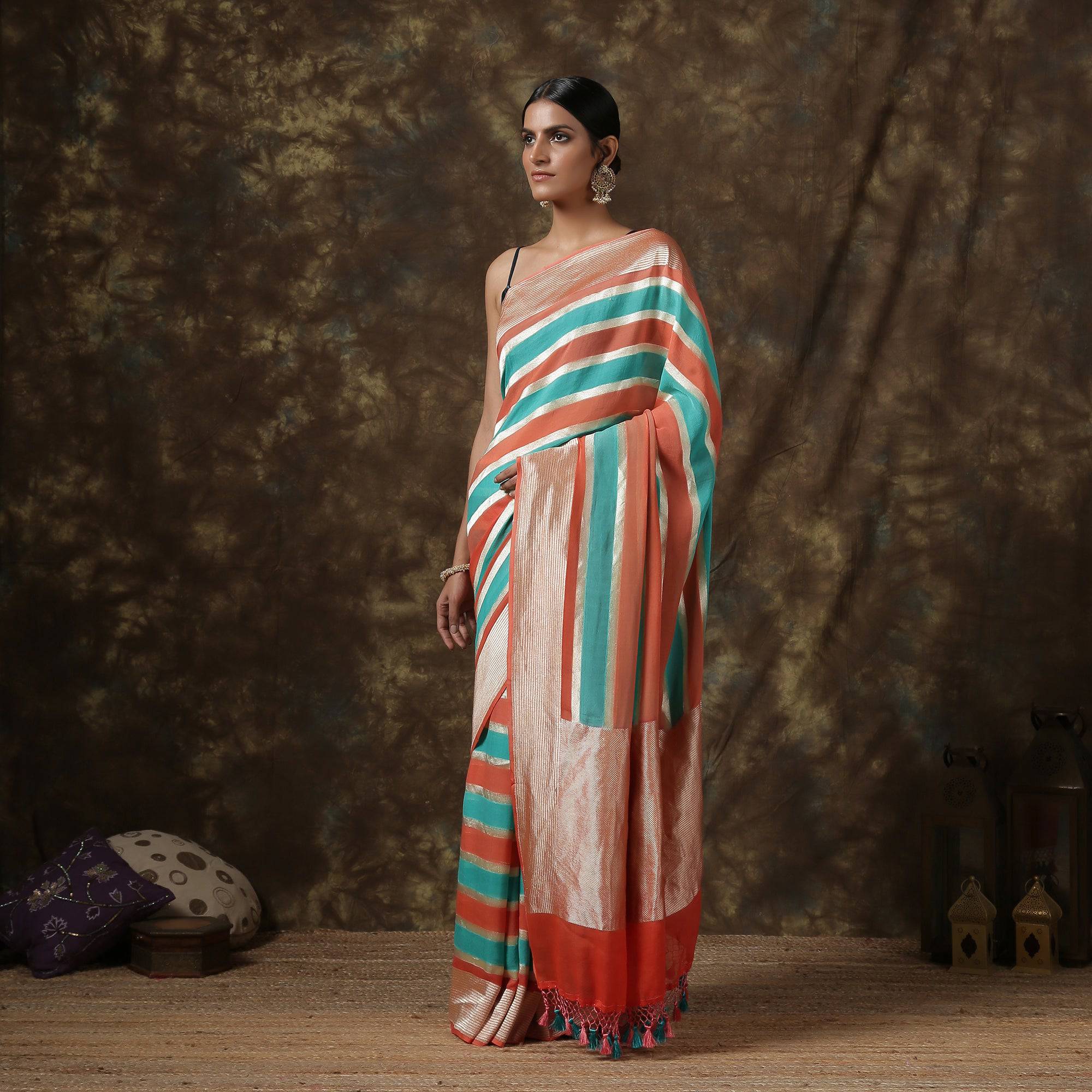 Pure Georgette Handloom Stripes Banarasi Saree - Khinkhwab