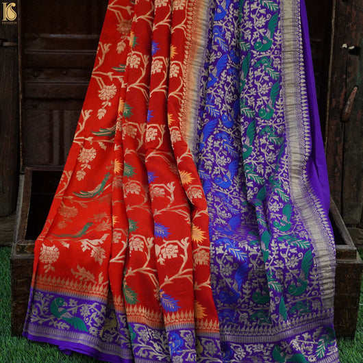 Banarasi Georgette Banarasi Saree | Banarasi sarees, Sheer fabrics, Orange  and purple