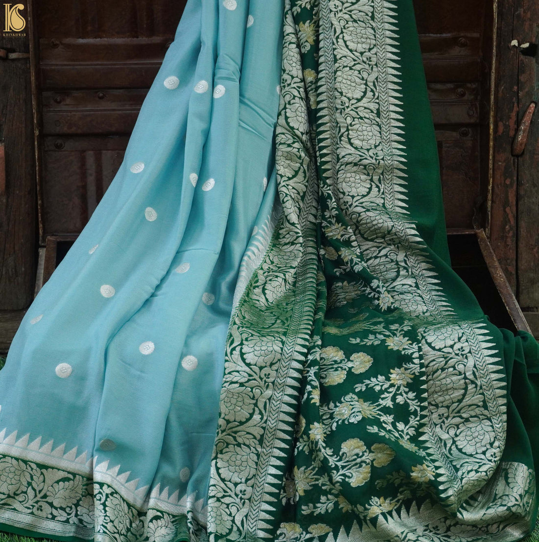 Blue &amp; Green Pure Georgette Handloom Banarasi Ashrafi Boota Saree