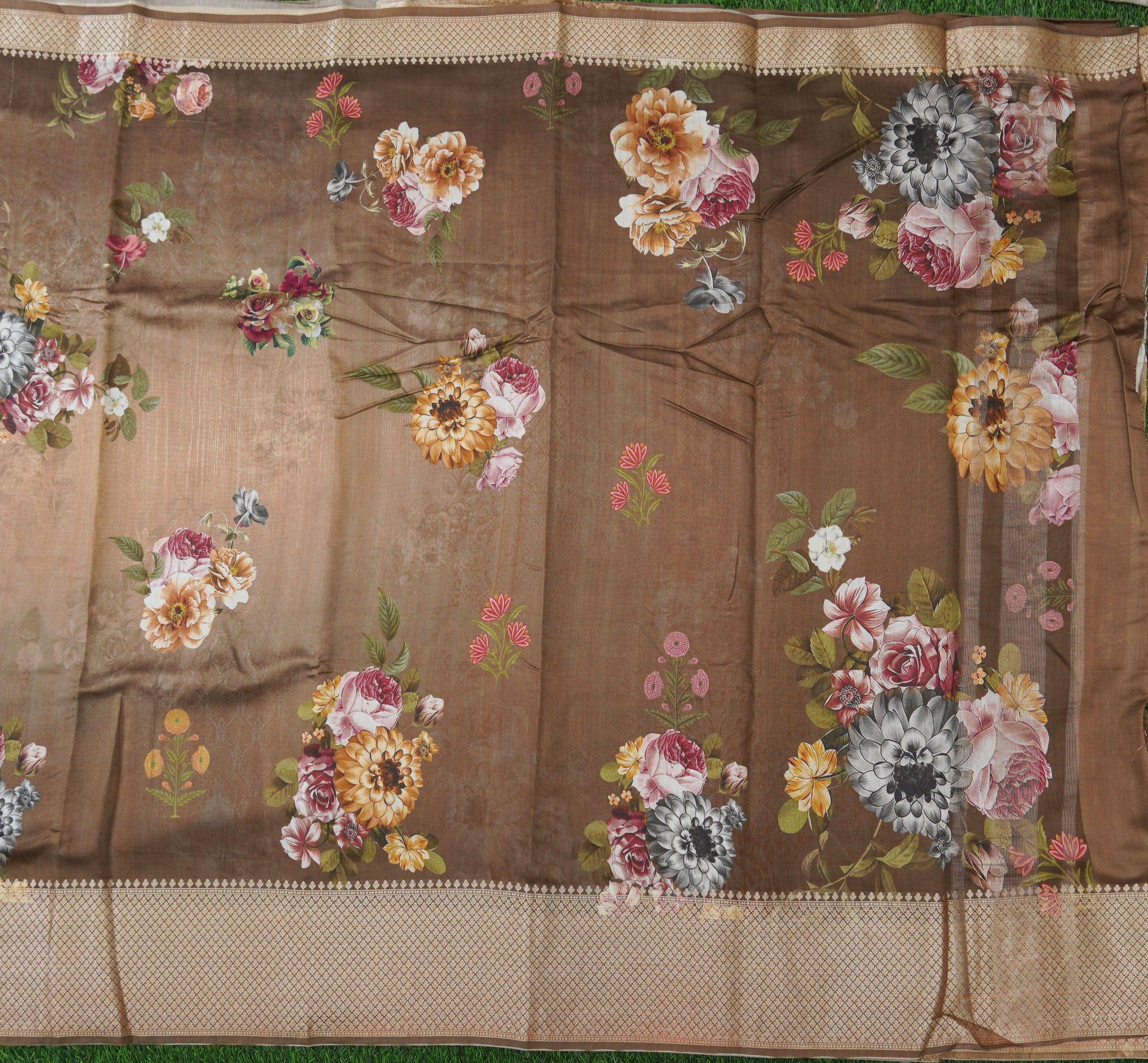 Brown Pure Chiniya Silk Printed Banarasi Saree