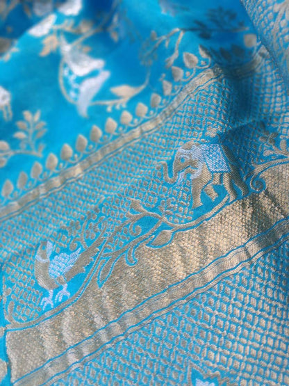 Firozi Blue Georgette Shikaragah Handwoven Banarasi Dupatta