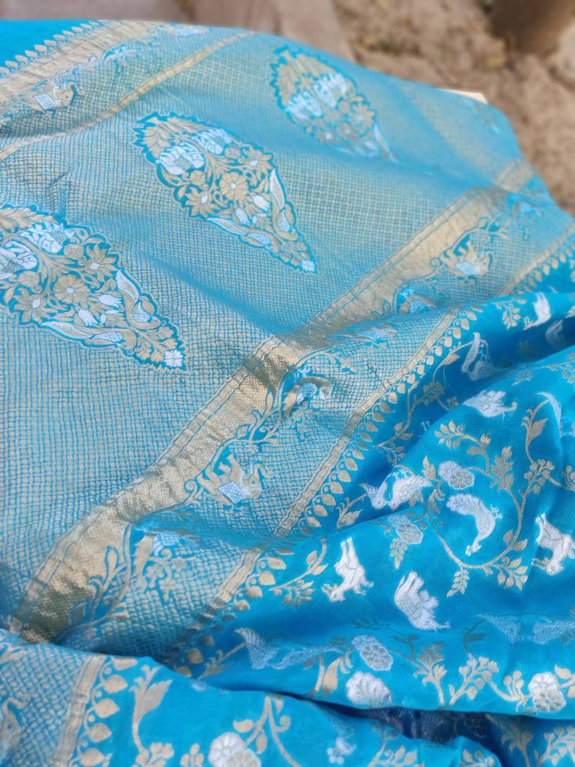 Firozi Blue Georgette Shikaragah Handwoven Banarasi Dupatta
