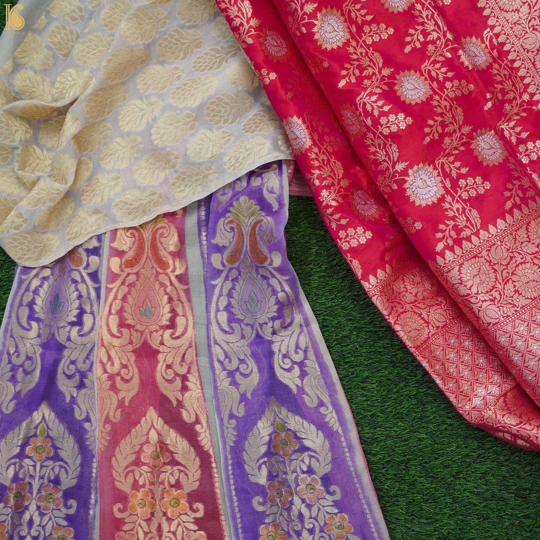 Handloom Pure Georgette by Tissue Pink &amp; Purple Banarasi Lehenga