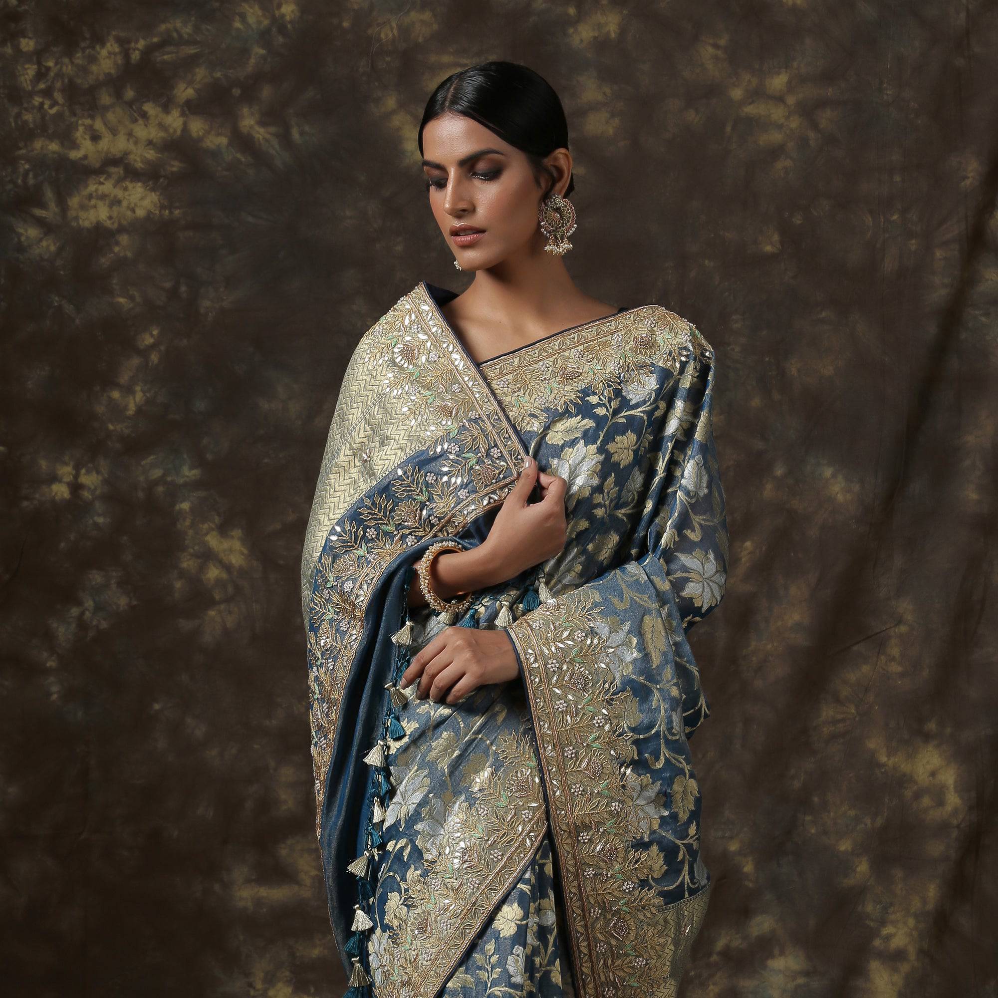 Handwoven Pure Georgette by Tissue Banarasi Embroidery Saree