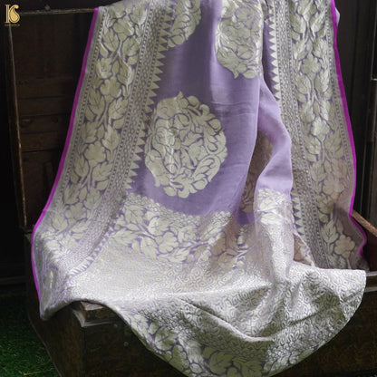 Lavender Pure Georgette Handloom Jaal Banarasi Saree