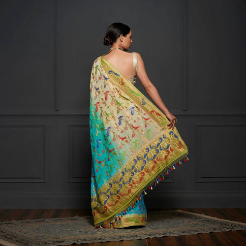 Ombre Blue Pure Georgette Birds of Paradise Banarasi Saree