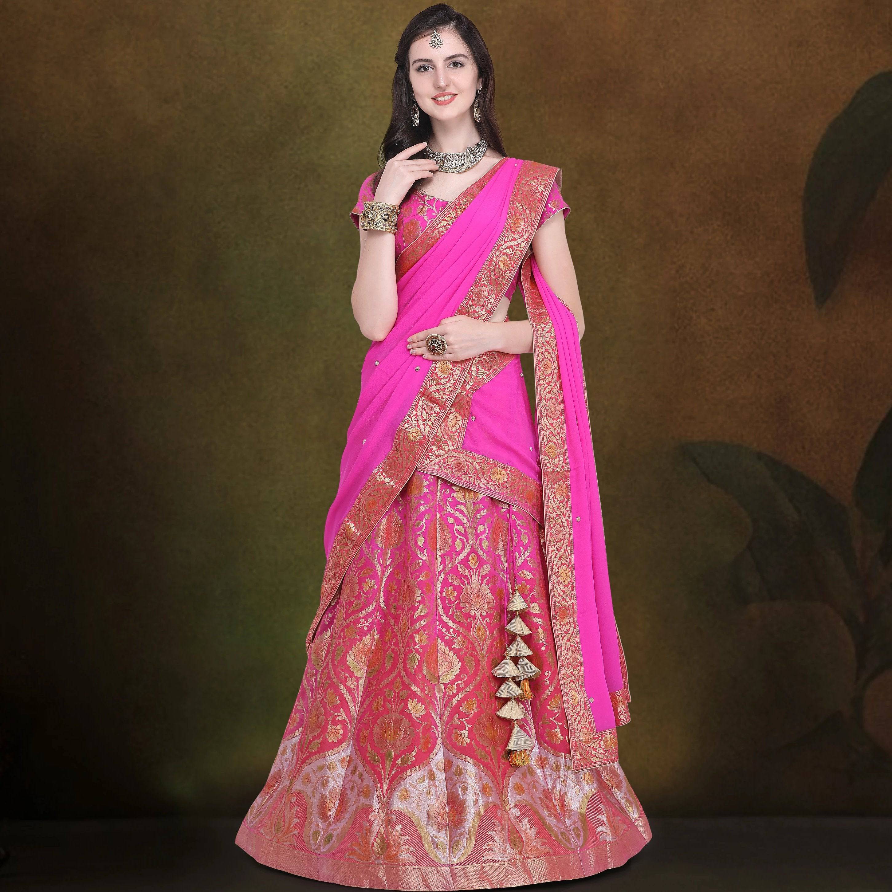 Mustard Color Silk Embroidered Unstitched Lehenga.
