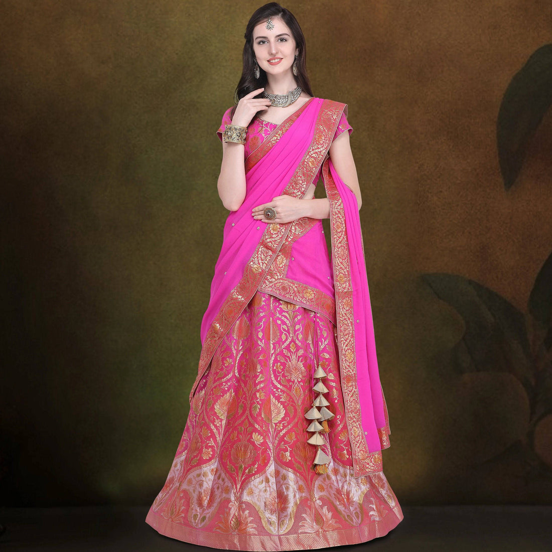 Pink Pure Georgette Handloom Banarasi Stitched Lehenga