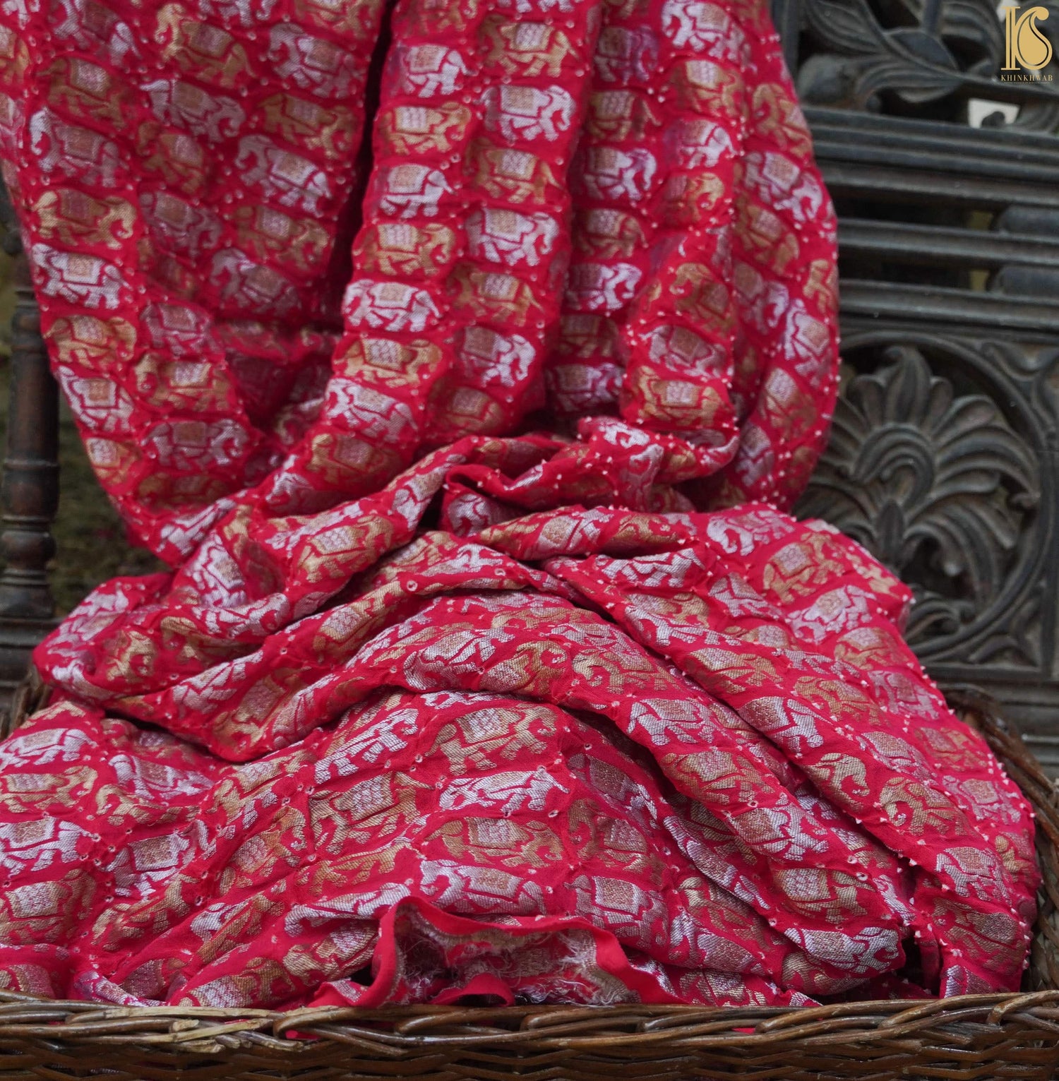 Red Pure Georgette Handloom Banarasi Bandhani Suit Fabric