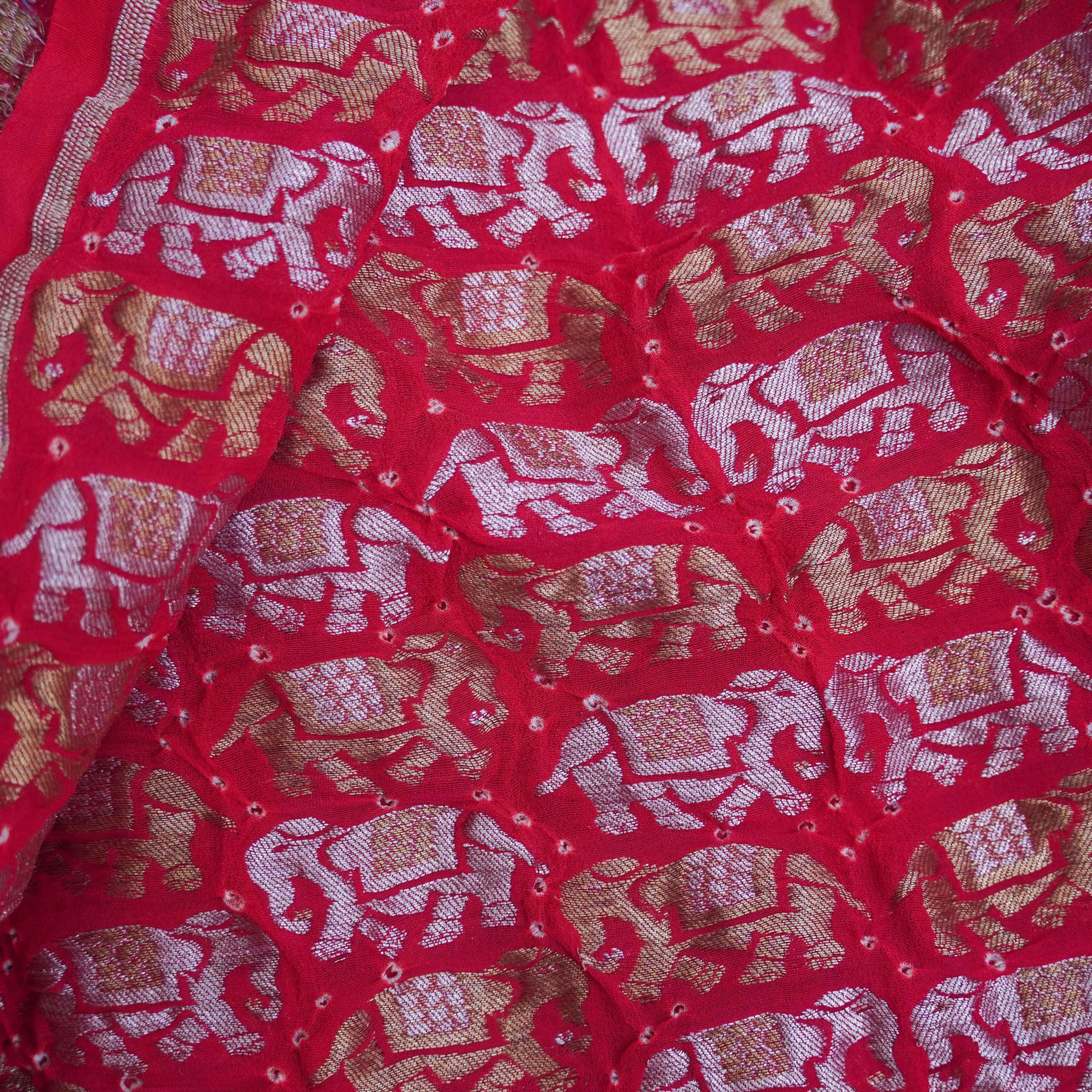 Red Pure Georgette Handloom Banarasi Bandhani Suit Fabric