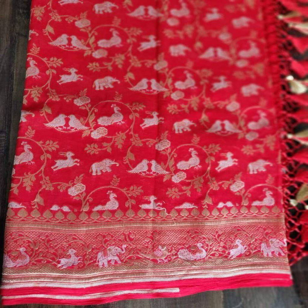 Red Pure Georgette Shikargah Handwoven Banarasi Dupatta