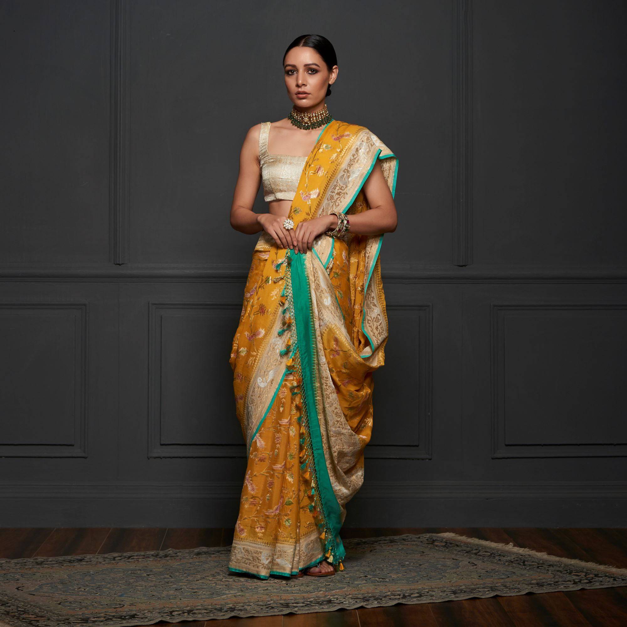 BANARASI GEORGETTE SAREE GOLD SAREE WITH All Over Beautiful Floral Jac -  House of Begum's