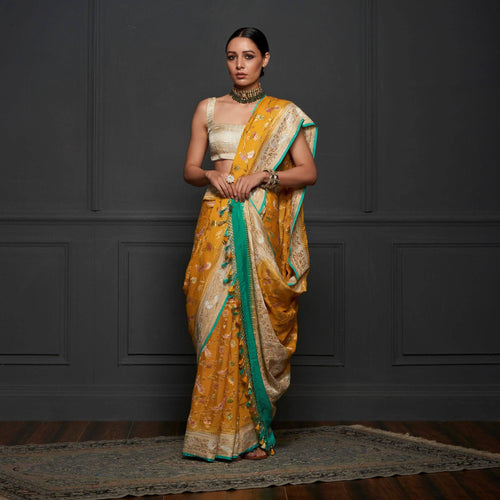 Yellow Georgette Handloom Banarasi Birds of Paradise Saree