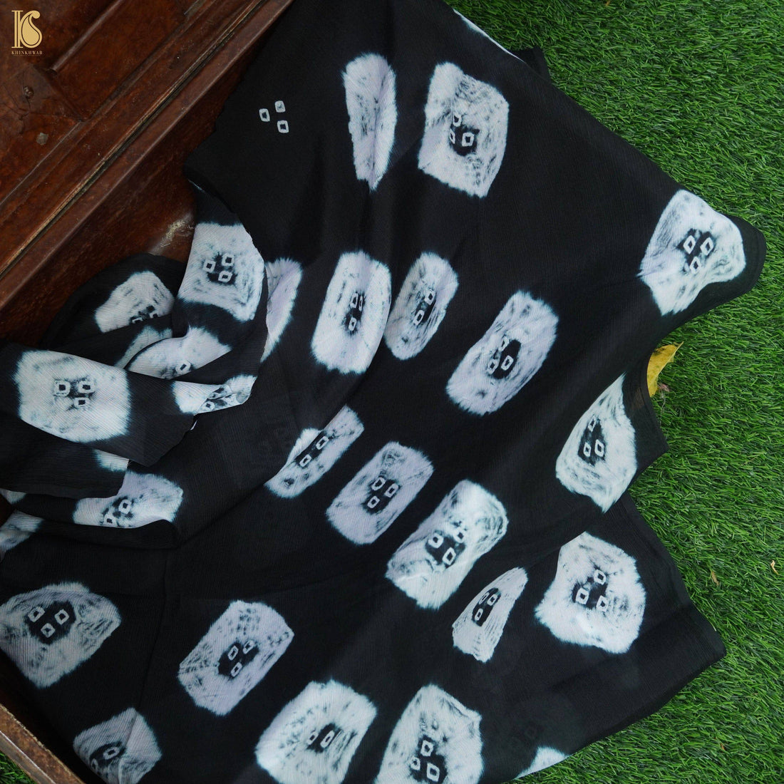 Black Pure Silk Chinon Shibori Fabric