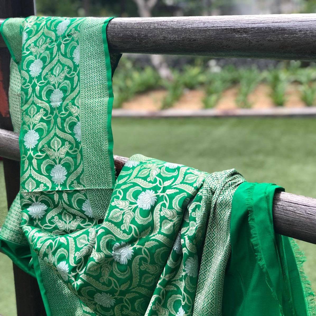 Bottle Green Pure Silk Banarasi Handloom Mehraab Boota Dupatta