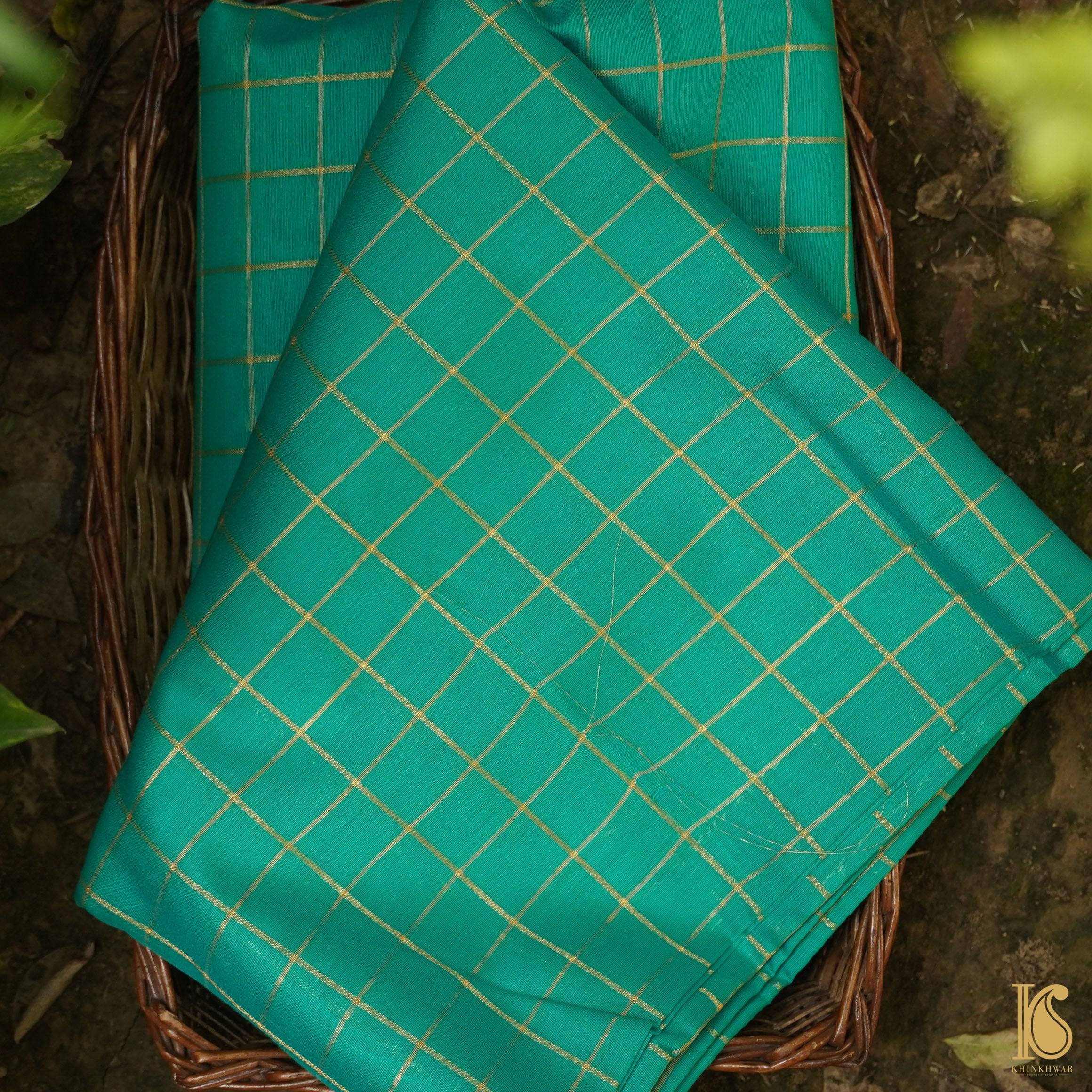 Green Pure Cotton Silk Banarasi Check Fabric