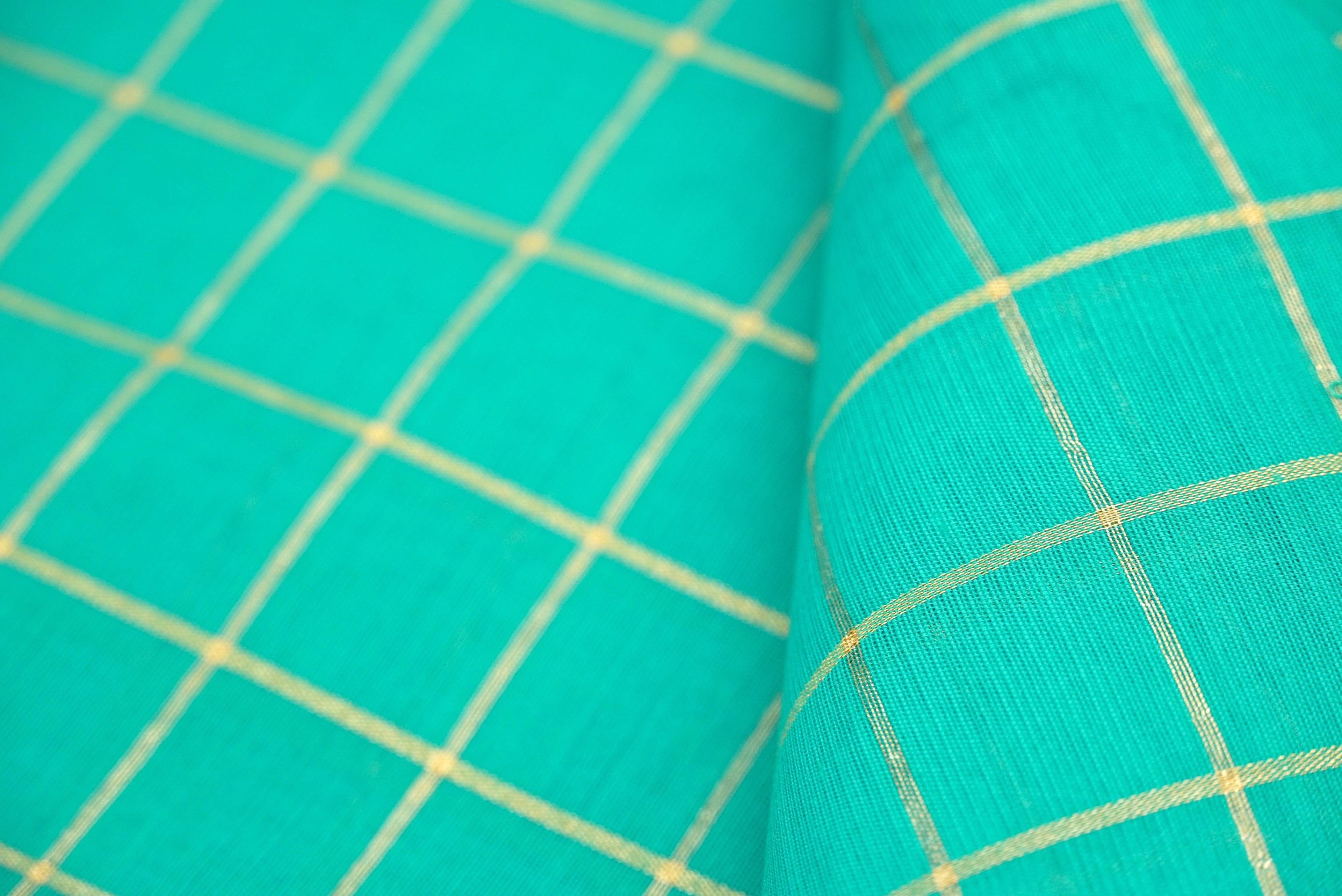 Green Pure Cotton Silk Banarasi Check Fabric