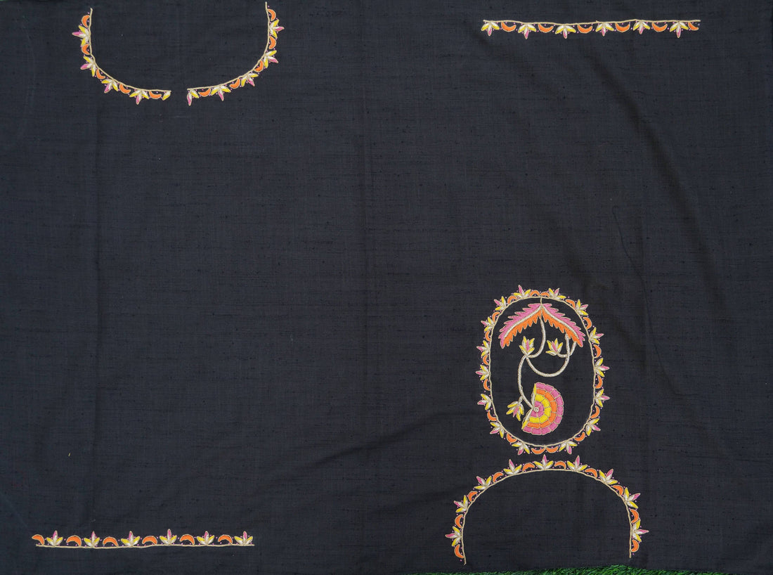 Hand Embroidered Pure Raw Silk Black Blouse Fabric