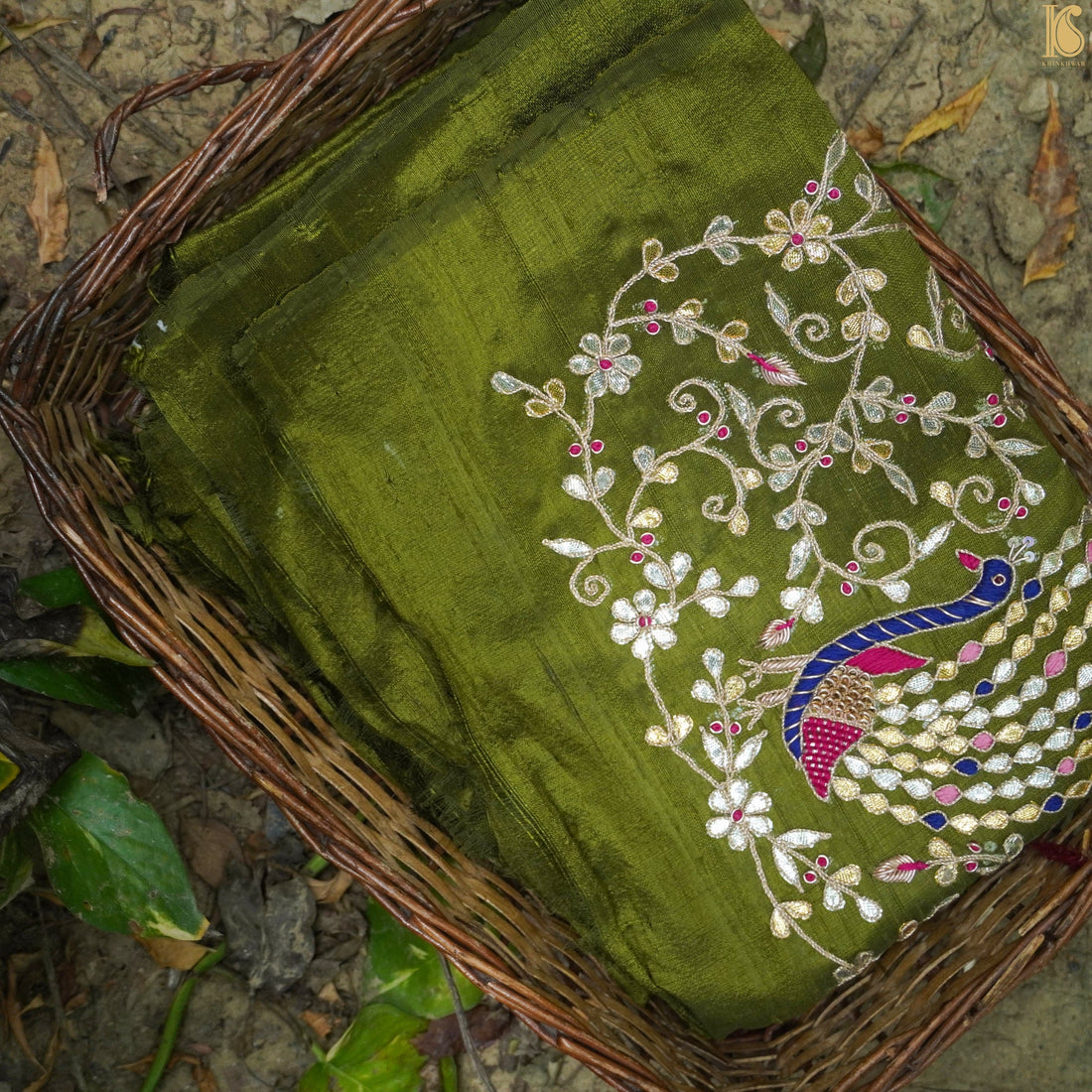 Hand Embroidered Pure Raw Silk Green Blouse Fabric