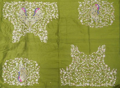 Hand Embroidered Pure Raw Silk Green Blouse Fabric