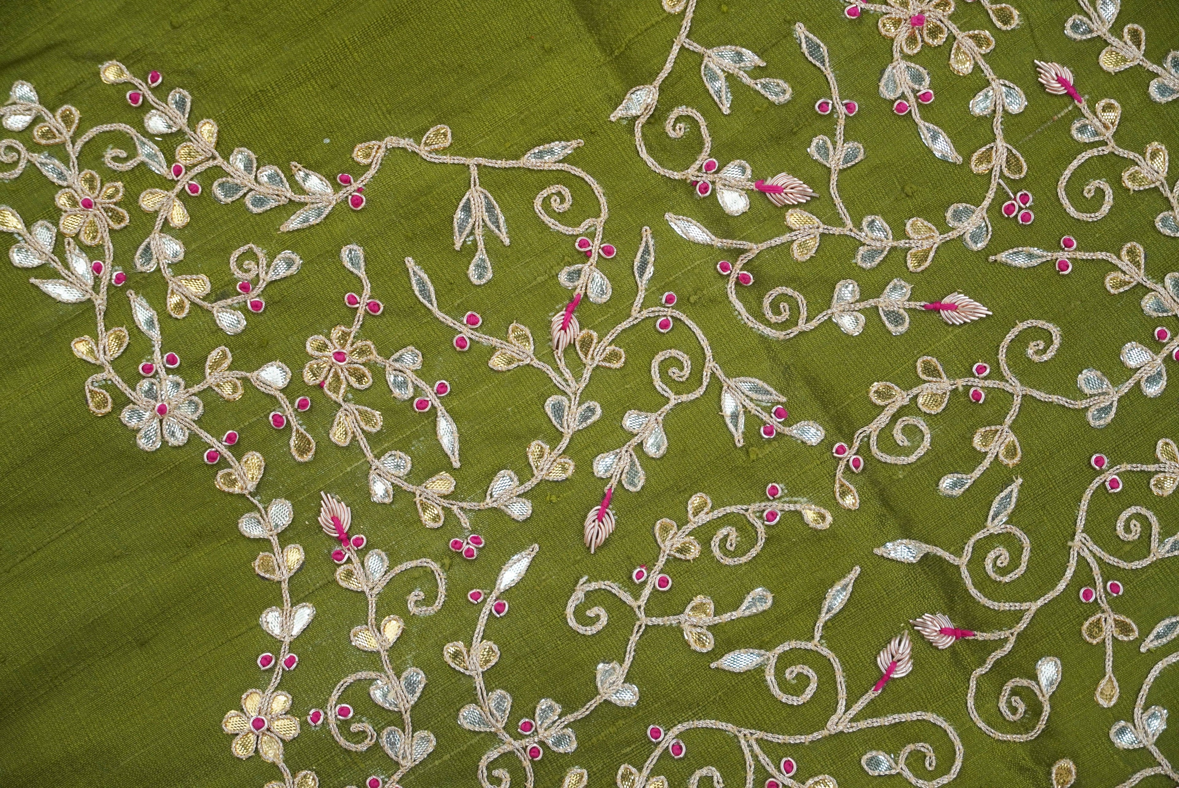 Hand Embroidered Pure Raw Silk Green Blouse Fabric