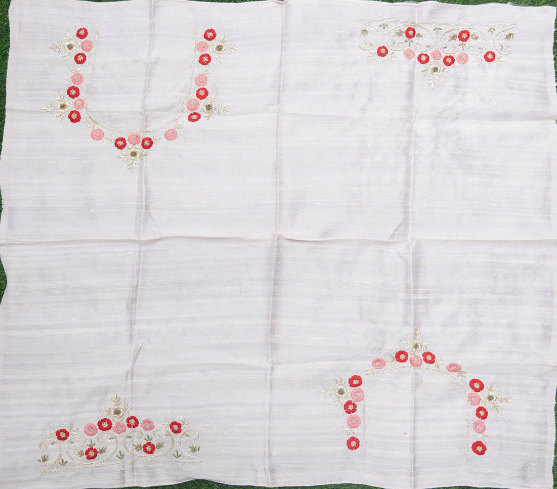 Hand Embroidered Pure Raw Silk White Blouse Fabric