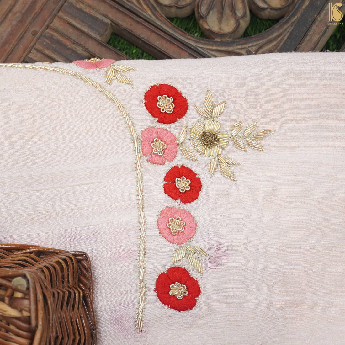 Hand Embroidered Pure Raw Silk White Blouse Fabric