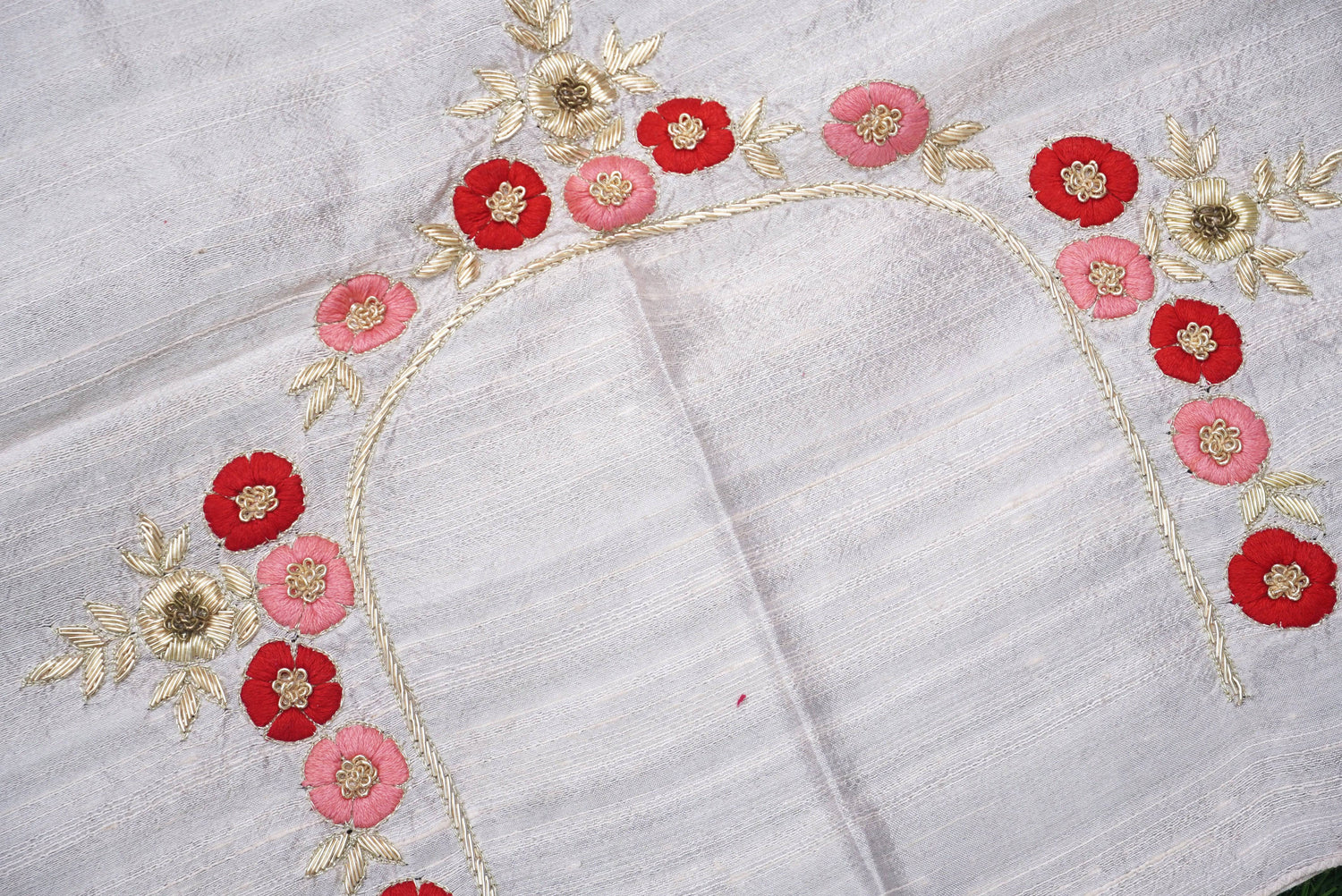 Hand Embroidered Pure Raw Silk White Blouse Fabric