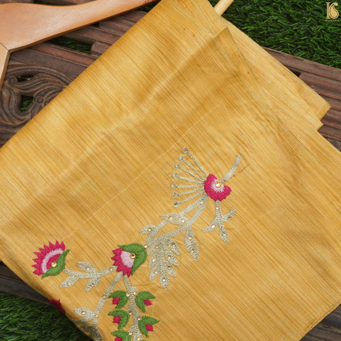 Hand Embroidered Pure Raw Silk Yellow Blouse Fabric