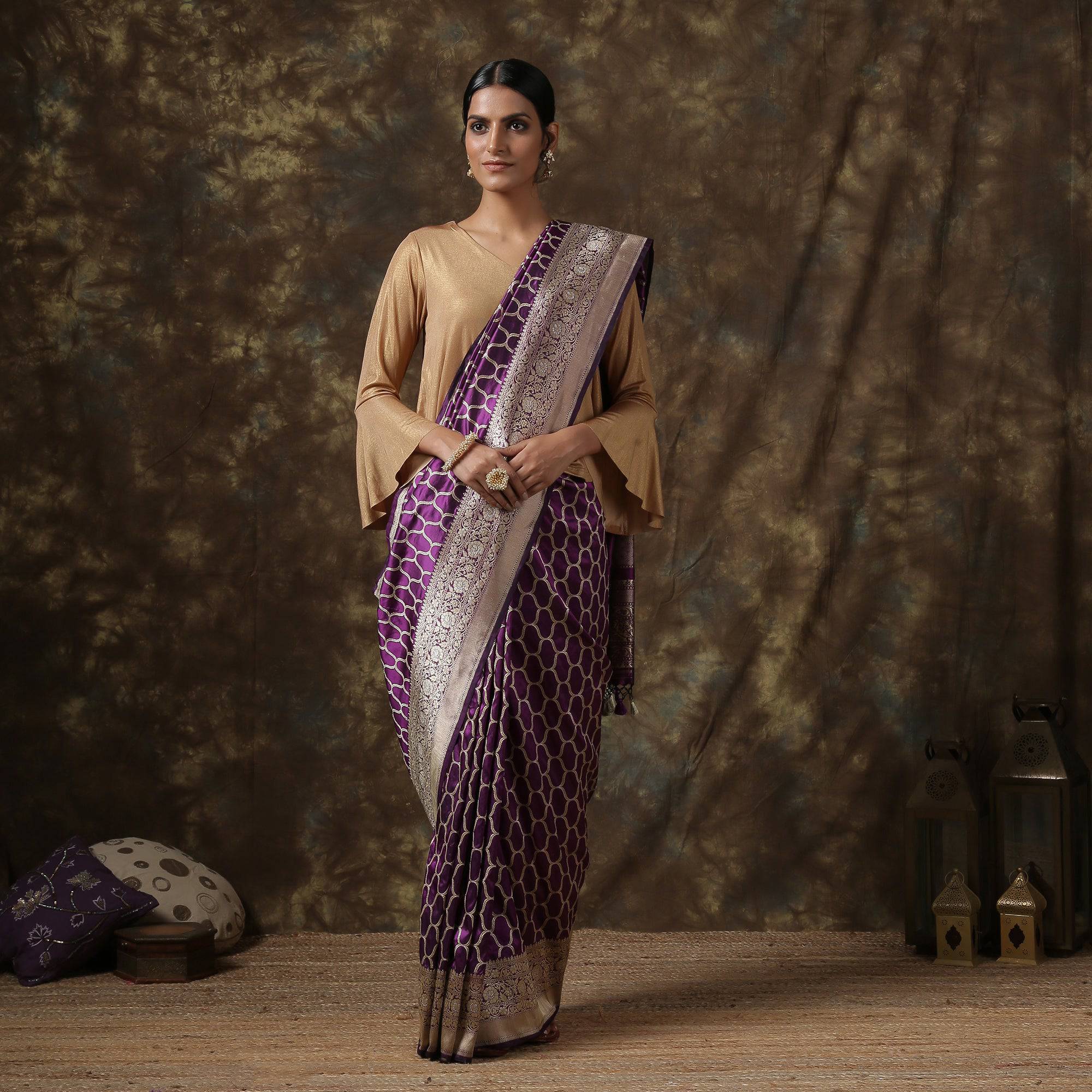 Latest Fashion Dabka Work Embroidered Silk Purple Wedding Saree|SARV122907