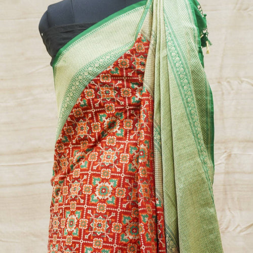 Handloom Katan Silk Red Green Banarasi Saree