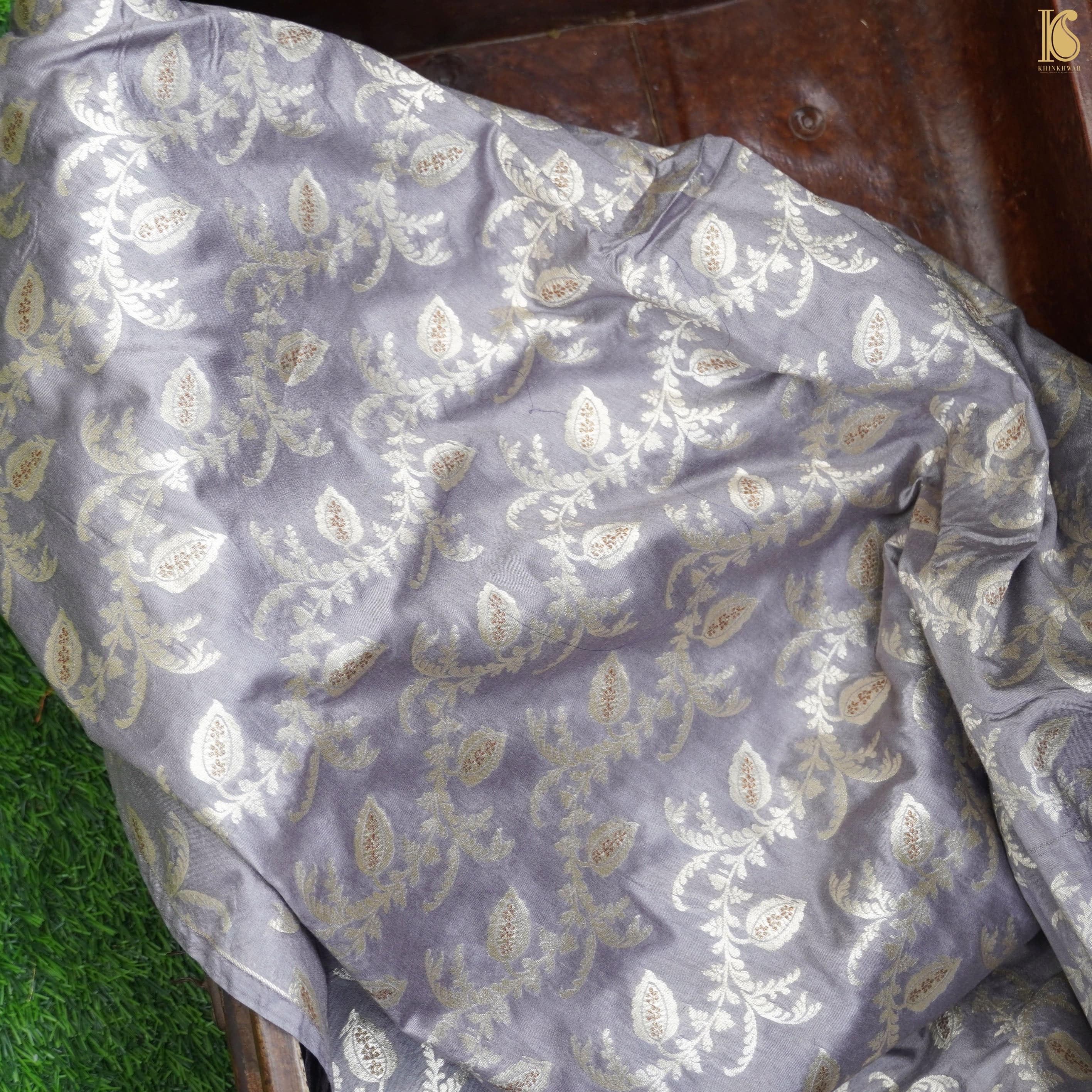 Handwoven Grey Pure Katan Silk Banarasi Blouse Fabric