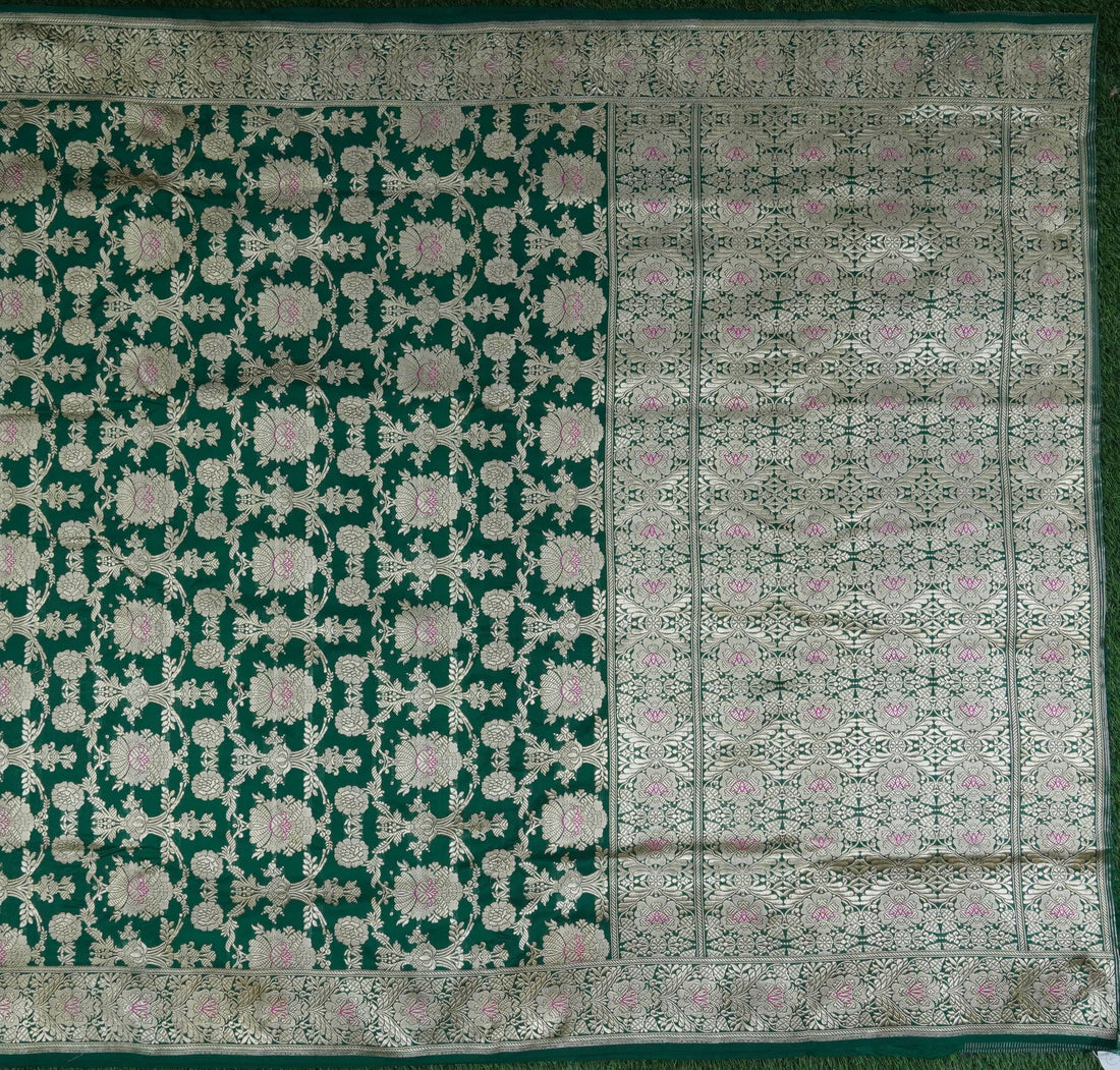 Handwoven Pure Katan Silk Green Mughal Boota Banarasi Saree