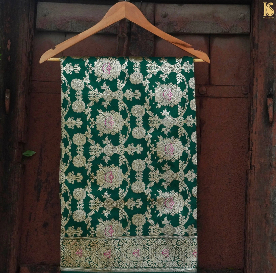 Handwoven Pure Katan Silk Green Mughal Boota Banarasi Saree
