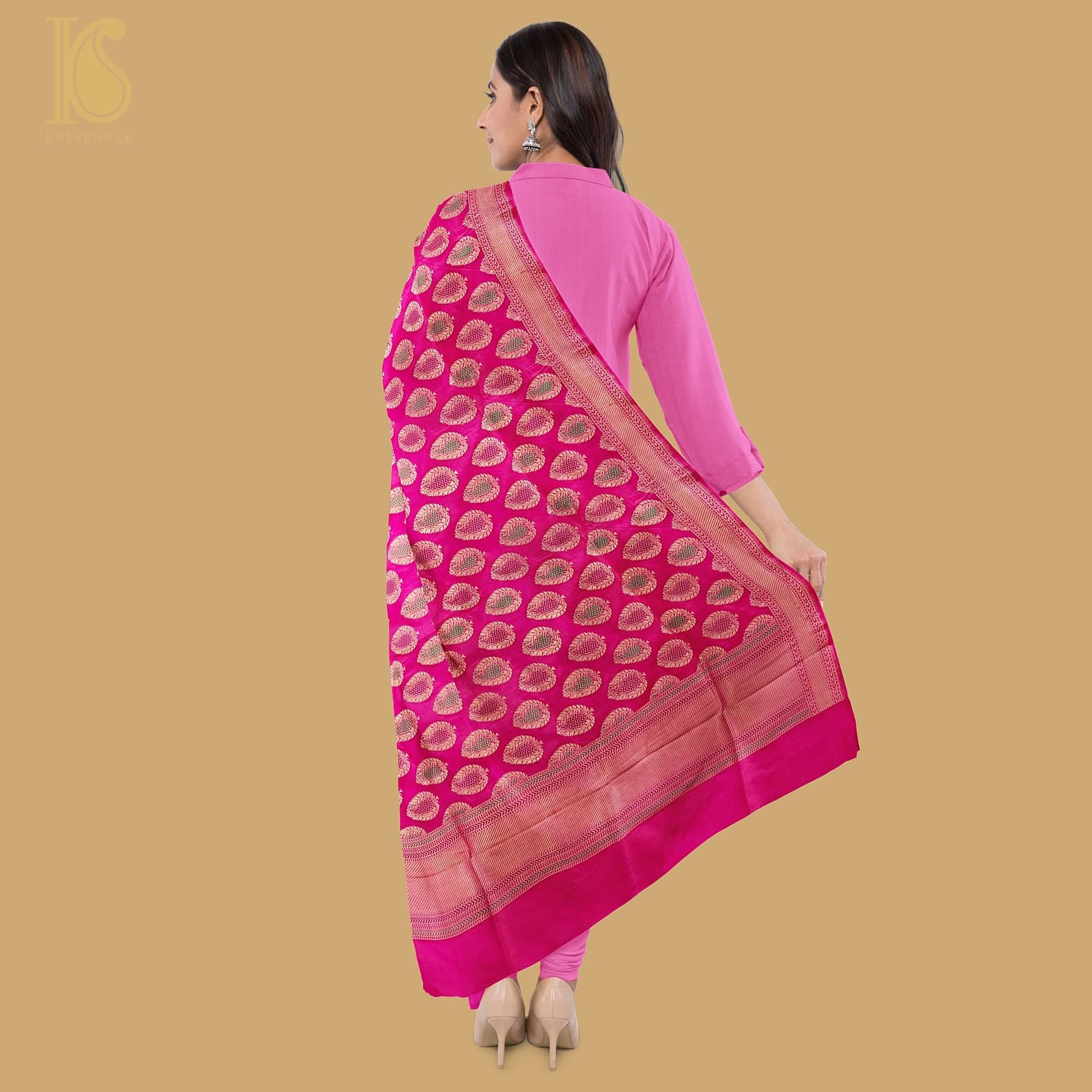 Hot Pink Pure Katan Silk Handwoven Banarasi Dupatta